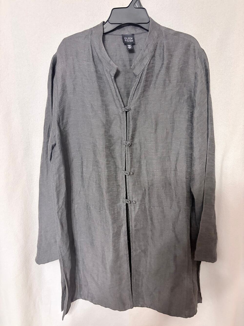 Eileen Fisher Organic Linen Mandarin Collar Frog Button Tunic Shirt